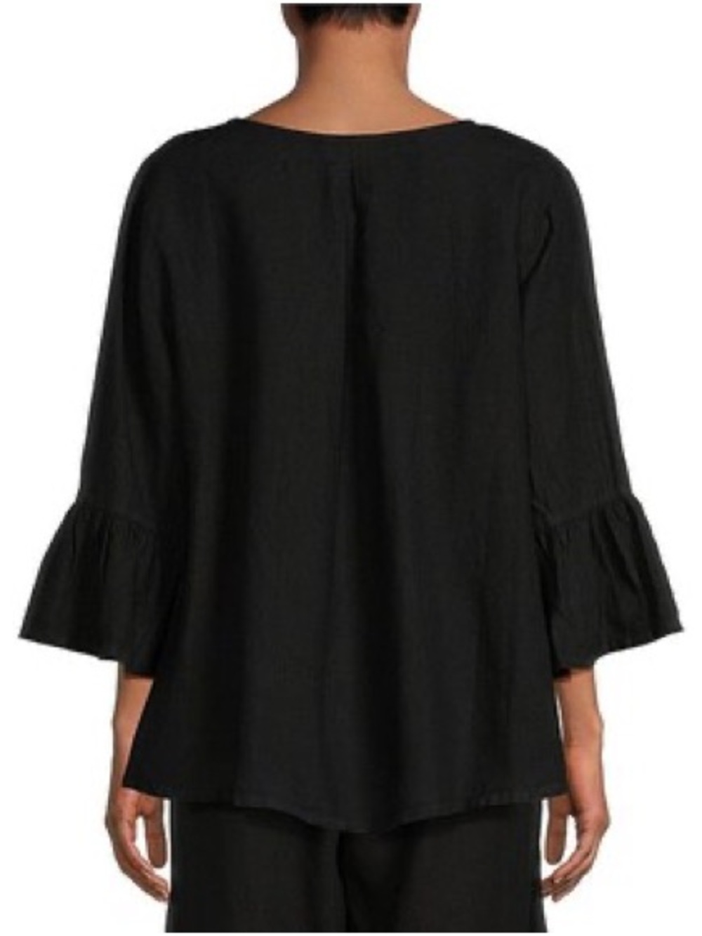Fran Basic Light Linen Round Neck Ruffle 3/4 Bell Sleeve High-Low Shirt - Picture 2 of 7